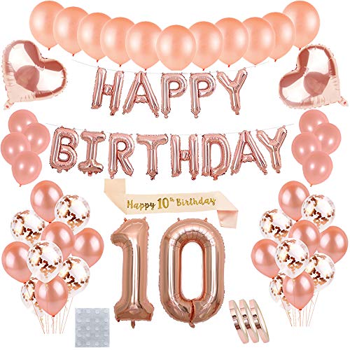 10. Geburtstagsdeko Rosegold für Mädchen : Folienballons Happy Birthday Banner Girlande und Schärpe,Ballons Zahl 10,Konfetti Luftballon für 10 Jahre Alte Mädchen Tochter Geburtstag Party Dekoration von linjinde