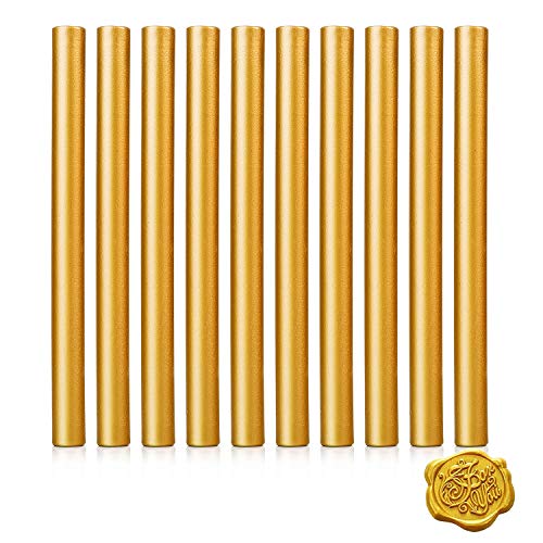 11mm Gold Siegelwachs für Heißklebepistole Klebe Pistole,10Stück Siegellack Wachs Versiegelung Sticks für Retro Vintage Siegel Stempel Brief Hochzeit Einladungen Karten Umschläge Geschenk Verpackung von linjinde