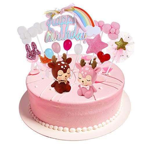 16Stück Tortendeko Geburtstag Mädchen Regenbogen Happy Birthday kuchendeko Sikahirsch Tortenaufleger Ballon Rosa Wolke Cupcake Topper Tortenstecker Tortenaufsatz für Baby Kinder Junge Party Dekoration von linjinde