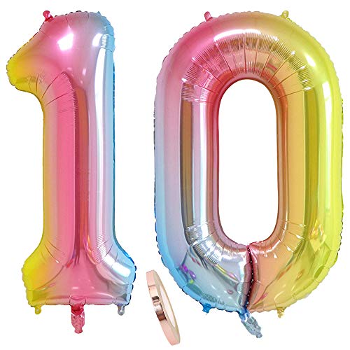 2 Luftballons Zahl 10, Nummer 10 Luftballon Regenbogen Mädchen Junge Jungs,40" Riesen Aufblasbar Helium Folienballon Rosa Bunt Schillernde Ballons Figuren für Geburtstag Party Dekoration (xxxl 100cm) von linjinde