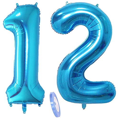 2 Luftballons Zahl 12, Nummer Luftballon Blau Mädchen Junge Jungs,40" Riesen Aufblasbar Helium Folienballon Blue Ballons Figuren für Geburtstag 12.Jahre Kinder Jungen Party Dekoration (xxxl 100cm) von linjinde