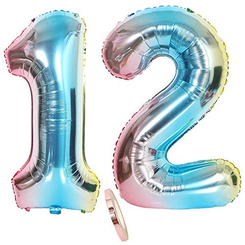 2 Luftballons Zahl 12, Nummer Luftballon Regenbogen Mädchen Junge,32" Riesen Aufblasbar Helium Folienballon Blau Bunt Schillernde Ballons Figuren für 12. Jahre Geburtstag Party Dekoration (xxxl 80cm) von linjinde
