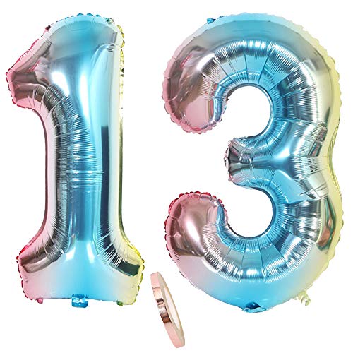 2 Luftballons Zahl 13, Nummer Luftballon Regenbogen Mädchen jungen,32" Riesen Aufblasbar Helium Folienballon Blau Bunt Schillernde Ballons Figuren für 13. Jahre Geburtstag Party Dekoration (xxxl 80cm) von linjinde