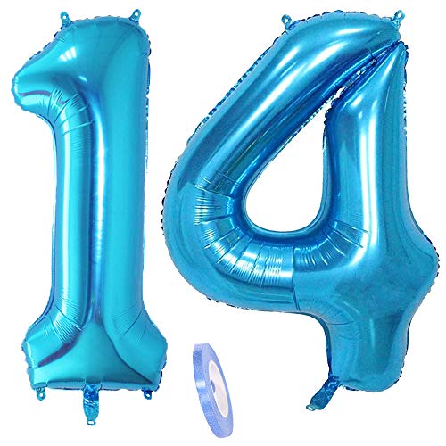 2 Luftballons Zahl 14, Nummer Luftballon Blau Mädchen Junge Jungs,40" Riesen Aufblasbar Helium Folienballon Blue Ballons Figuren für Geburtstag 14.Jahre Kinder Jungen Party Dekoration (xxxl 100cm) von linjinde