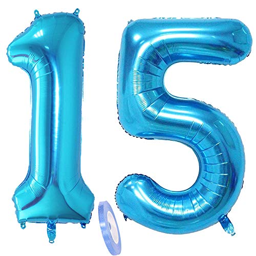 2 Luftballons Zahl 15, Nummer Luftballon Blau Mädchen Junge Jungs,40" Riesen Aufblasbar Helium Folienballon Blue Ballons Figuren für Geburtstag 15.Jahre Kinder Jungen Party Dekoration (xxxl 100cm) von linjinde