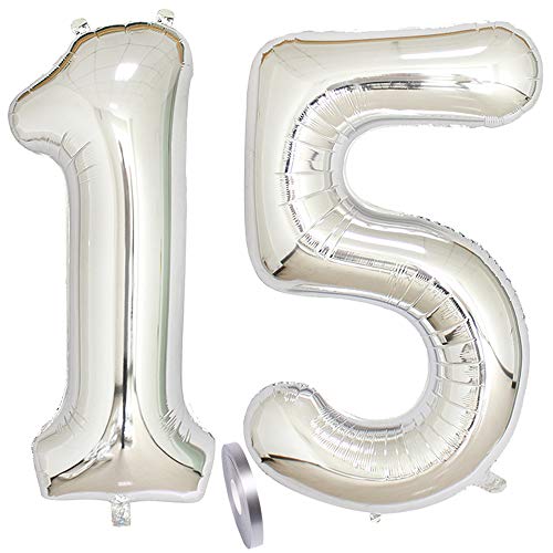 2 Luftballons Zahl 15, Nummer Luftballon Silber Mädchen Junge Jungs,40" Riesen Aufblasbar Helium Folienballon Silver Ballons Figuren für Geburtstag 15.Jahre Kinder Jungen Party Dekoration (xxxl 100cm) von linjinde