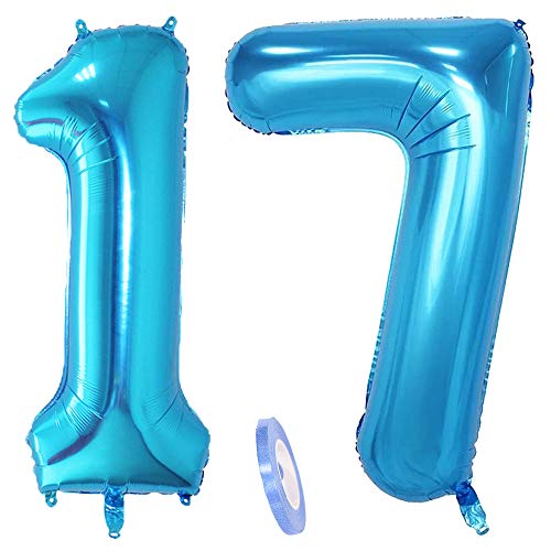 2 Luftballons Zahl 17, Nummer Luftballon Blau Mädchen Junge Jungs,40" Riesen Aufblasbar Helium Folienballon Blue Ballons Figuren für Geburtstag 17.Jahre Kinder Jungen Party Dekoration (xxxl 100cm) von linjinde