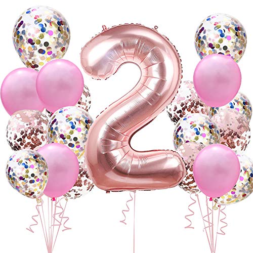 Geburtstagsdeko Rose Gold für 2.Mädchen Set: Riesen Roségold Helium Folienballons Zahl 2 (Zahlen 100cm)& Rosa Ballon & Konfetti Luftballons für 2 Jahre Kinder Junge Tochter Geburtstag Party Dekoration von linjinde