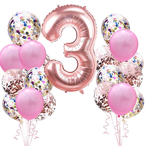 Geburtstagsdeko Rose Gold für 3.Mädchen Set: Riesen Roségold Helium Folienballons Zahl 3 (Zahlen 100cm)& Rosa Ballon & Konfetti Luftballons für 3 Jahre Kinder Junge Tochter Geburtstag Party Dekoration von linjinde