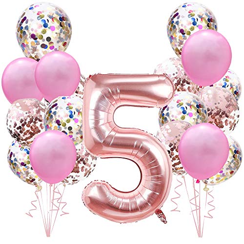 Geburtstagsdeko Rose Gold für 5.Mädchen Set: Riesen Roségold Helium Folienballons Zahl 5 (Zahlen 100cm)& Rosa Ballon & Konfetti Luftballons für 5 Jahre Kinder Junge Tochter Geburtstag Party Dekoration von linjinde