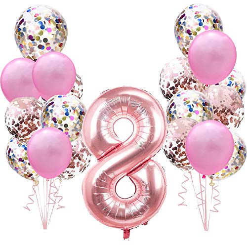 Geburtstagsdeko Rose Gold für 8.Mädchen Set: Riesen Roségold Helium Folienballons Zahl 8 (Zahlen 100cm)& Rosa Ballon & Konfetti Luftballons für 8 Jahre Kinder Junge Tochter Geburtstag Party Dekoration von linjinde