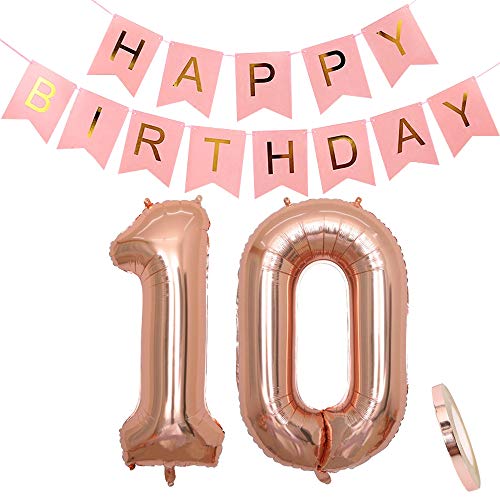 Geburtstagsdeko Rosegold für Mädchen: Folien-Luftballons Zahl 10 Roségold + Happy Birthday Girlande Deko Rosa | Riesen Zahlen-ballons |40" 100CM | zum 10. als Jahre Kinder Geburtstag Party Dekoration von linjinde
