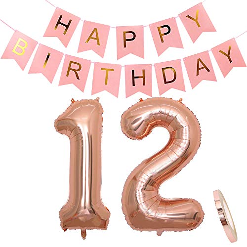 Geburtstagsdeko Rosegold für Mädchen: Folien-Luftballons Zahl 12 Roségold + Happy Birthday Girlande Deko Rosa | Riesen Zahlen-ballons |40" 100CM | zum 12. als Jahre Kinder Geburtstag Party Dekoration von linjinde