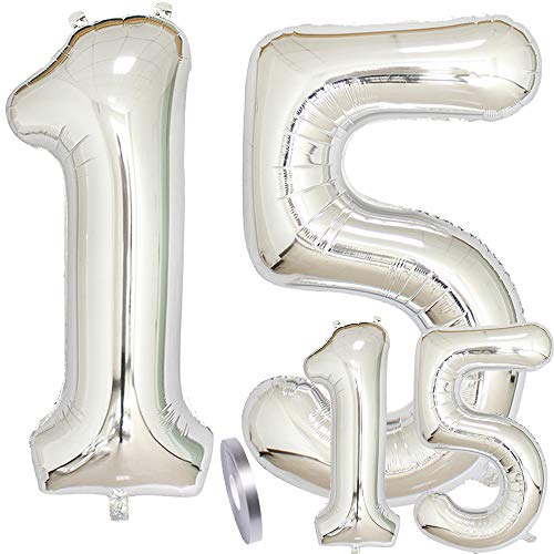 Luftballons Zahl 15. Geburtstag XXL Silber,Riesen Helium Folienballon Figuren in 2 Größen 40" & 16" | Set XXL 100cm + Mini 40cm Geburtstagsdeko | Vier Zahlen | Ideal 15. als Jahre Mädchen Junge Deko von linjinde