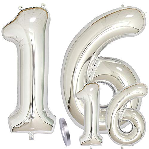 Luftballons Zahl 16. Geburtstag XXL Silber,Riesen Helium Folienballon Figuren in 2 Größen 40" & 16"| Set XXL 100cm+Mini 40cm Geburtstagsdeko | Vier Zahlen | Ideal Sweet 16 als Jahre Mädchen Junge Deko von linjinde