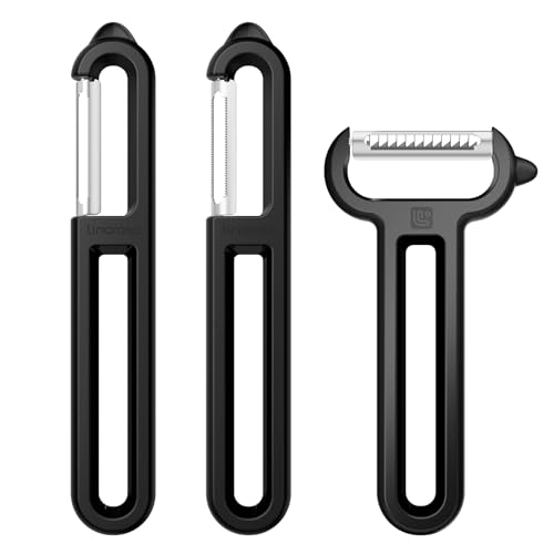 Linoroso 3PCS Sparschäler mit Spitzen Spitzen, I-förmige Glatte, Gezackte und Y-Julienne-Klinge zum Schälen und Streifen von Obst und Gemüse, Schärfe, Geschmeidigkeit und Bequemer Griff - Schwarz von linoroso