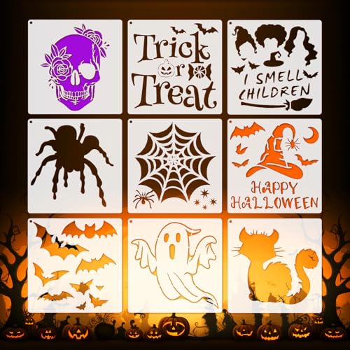 Linwetra Halloween-Schablonen zum Malen, 15,2 cm, 9 Stück, wiederverwendbar, Happy Halloween, Süßes oder Saures, Spinnennetz, Totenkopf, Fledermaus, Katze, Geist, Malschablonen auf Holzwänden, Basteln Linwetra Halloween-Schablonen zum Malen, 15,2 cm, 9 Stück, wiederverwendbar, Happy Halloween, Süßes oder Saures, Spinnennetz, Totenkopf, Fledermaus, Katze, Geist, Malschablonen auf Holzwänden, Basteln von linwetra