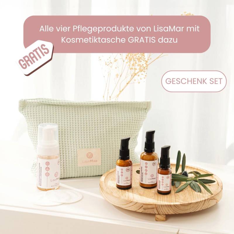 Beauty Geschenkset Anti Aging - Kosmetiktasche Gratis. Gesichtsreinigung, Augencreme, Serum & Feuchtigkeitscreme. Bio, Vegan, Naturkosmetik von lisamarcosmetics