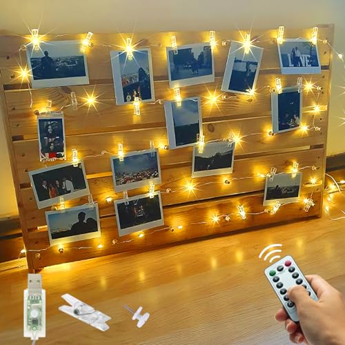 litogo 12M 120LEDs Fotoclips Lichterkette, Warmweiß 8 Modi USB Lichterkette mit Fernbedienungen, für Zimmer Deko Fotos Wand mit 60 Klammern Bilder für Wohnzimmer, Weihnachten, Hochzeiten, Party von litogo