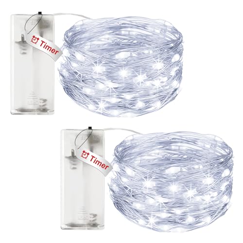 litogo 2 Stück Lichterkette Batterie Timer, 3M 30 LED Lichterkette Innen Wasserdicht Kupferdraht Fairy Lights, Lichterketten Batteriebetrieben (AA Batterie) für Weihnachten Hochzeit Deko, Kaltes Weiß von litogo