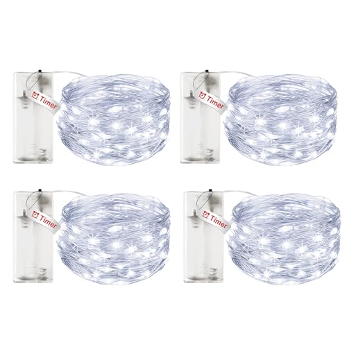 litogo 4 Stück Lichterkette Batterie Timer, 3M 30 LED Lichterkette Innen Wasserdicht Kupferdraht Fairy Lights, Lichterketten Batteriebetrieben (AA Batterie) für Weihnachten Hochzeit Deko, Kaltes Weiß von litogo