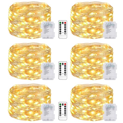 litogo 6 Stück Lichterkette Batterie, 5M 50 LED Lichterkette Batterie mit Timer & Fernbedienung 8 Modi Wasserdicht Warmweiß Lichterkette Draht für Innen/Außen Weihnachten Garten Party Hochzeit Deko von litogo