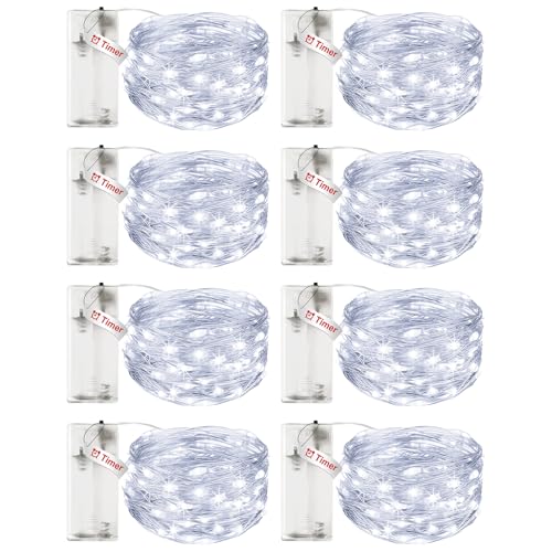 litogo 8 Stück Lichterkette Batterie Timer, 3M 30 LED Lichterkette Innen Wasserdicht Kupferdraht Fairy Lights, Lichterketten Batteriebetrieben (AA Batterie) für Weihnachten Hochzeit Deko, Kaltes Weiß von litogo