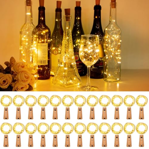 litogo Flaschenlicht Batterie, 24 Stück Flaschenlichterkette Korken 2M 20 LED Glas Korken Lichterkette mit Batterie für Flasche DIY für Außen/Innen Deko für Party, Hochzeit, Weihnachten, Warmweiß von litogo