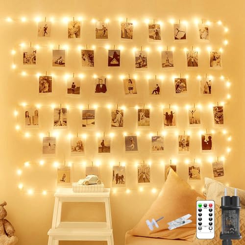litogo Fotoclips Lichterkette für Zimmer Deko, 10M 100 LED Fotowand Lichterkette mit Steckdose und Fernbedienung, 8 Lichtmodi 60 Klammern Lichterkette Innen Außen Deko für Mädchen Geschenk Weihnachten von litogo