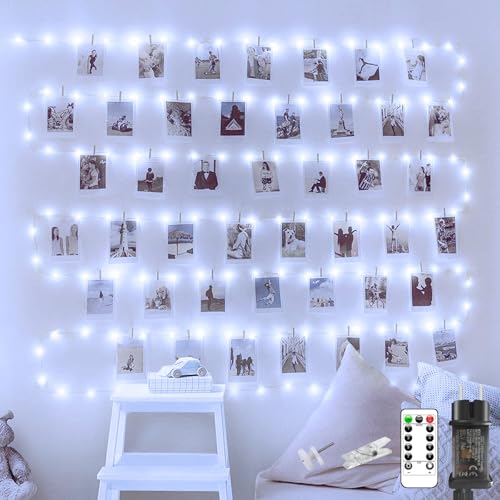 litogo Fotoclips Lichterkette für Zimmer Deko, 10M 100 LED Fotowand Lichterkette mit Steckdose und Fernbedienung, 8 Lichtmodi 60 Klammern Lichterkette Innen Außen Deko für Mädchen Geschenk Weihnachten von litogo