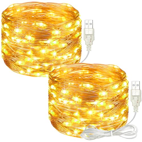 litogo Led Lichterkette mit USB, 5M 50LED Kupferdraht Lichterkette mit Stecker, Wasserdicht Weihnachten Lichterketten für Party, Garten, Hochzeit, Innen Außen Deko, Warmweiß 2 Stück von litogo