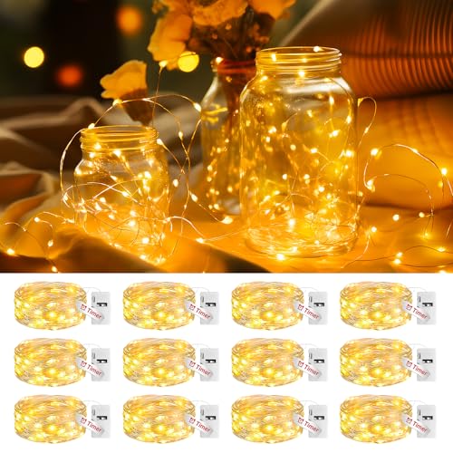 litogo Mini Lichterkette Batterie mit Timer 12 Stück, 3 Modi/20 LED Lichterkette Batterie Klein, 2M Silberdraht Lichterketten mit Batterien Wasserdicht für Innen Weihnachten Party Hochzeit Deko von litogo