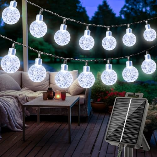 litogo Solar Lichterkette Aussen, 15M LED Lichterkette Außen Solar Wetterfest, 8 Modi Kristall Kugeln mit Memory-Funktion, Solarlichterkette Outdoor für Balkon, Garten, Terrasse, Partys, Kaltweiß von litogo