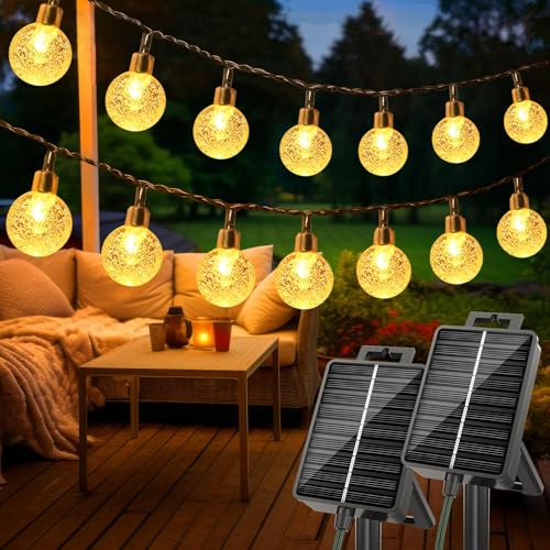 litogo Solar Lichterkette Aussen, 15M LED Lichterkette Außen Solar Wetterfest, 8 Modi Kristall Kugeln mit Memory-Funktion, Solarlichterkette Outdoor für Balkon, Garten, Terrasse, Partys, Warmweiß von litogo