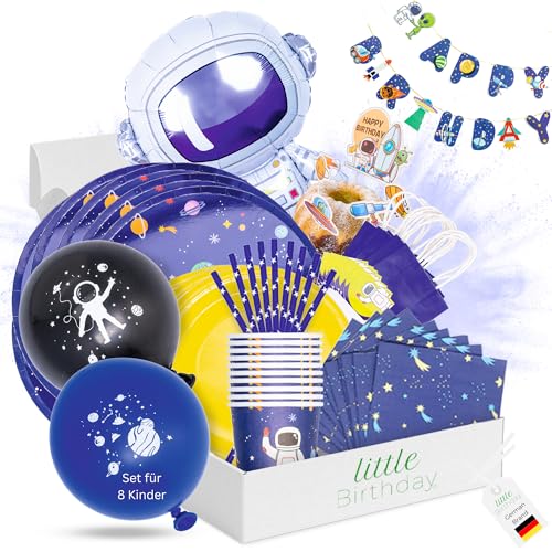 LITTLE BIRTHDAY | Astronauten Mottobox für Kindergeburtstag | Party Set | Geburtstagsdeko 8 Kinder | Tischdeko | Raumdeko | Kuchendeko | Einladungskarten | Mitgebseltütchen | Kosten | Zeitersparnis von little Birthday