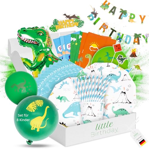 LITTLE BIRTHDAY | Dino Mottobox für Kindergeburtstag | Motto Party Set | Geburtstagsdeko für 8 Kinder | Tischdeko | Raumdeko | Kuchendeko | Einladungskarten | Mitgebseltütchen | Kosten | Zeitersparnis von little Birthday