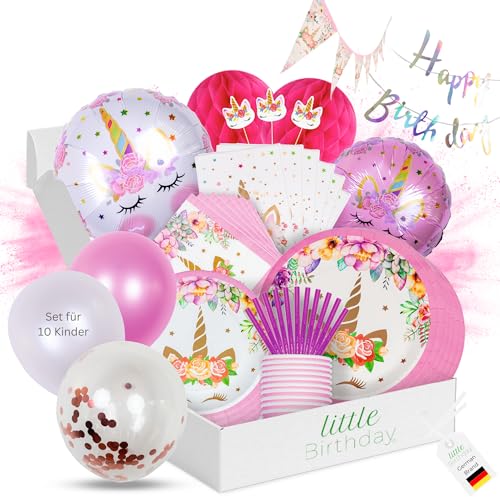 LITTLE BIRTHDAY | Einhorn Mottobox für Kindergeburtstag | Party Set | Geburtstagsdeko für 10 Kinder | Tischdeko | Raumdeko | Kuchendeko | Einladungskarten | Mitgebseltütchen | Kosten | Zeitersparnis von little Birthday