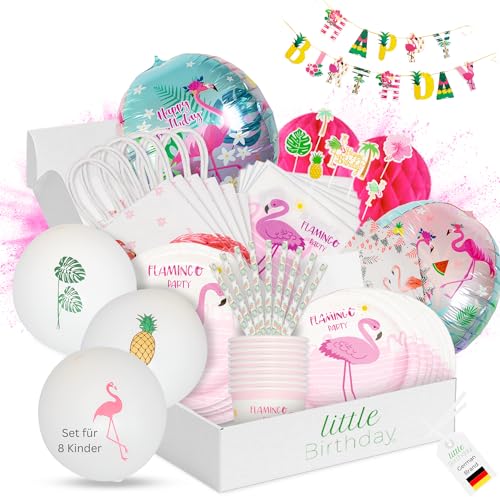 LITTLE BIRTHDAY | Flamingo Mottobox für Kindergeburtstag | Party Set | Geburtstagsdeko für 8 Kinder | Tischdeko | Raumdeko | Kuchendeko | Einladungskarten | Mitgebseltütchen | Kosten | Zeitersparnis von little Birthday