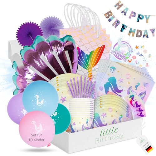 LITTLE BIRTHDAY | Meerjungfrau Mottobox für Kindergeburtstag | Party Set | Geburtstagsdeko 10 Kinder | Tischdeko | Raumdeko | Kuchendeko | Einladungskarten | Mitgebseltütchen | Kosten | Zeitersparnis von little Birthday