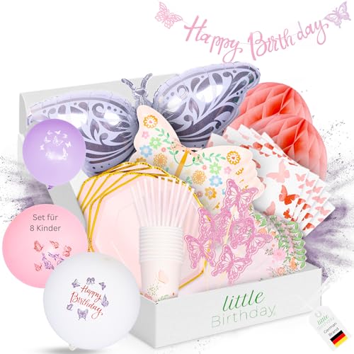 LITTLE BIRTHDAY | Schmetterling Mottobox für Kindergeburtstag | Party Set | Geburtstagsdeko 8 Kinder | Tischdeko | Raumdeko | Kuchendeko | Einladungskarten | Mitgebseltütchen | Kosten | Zeitersparnis von little Birthday