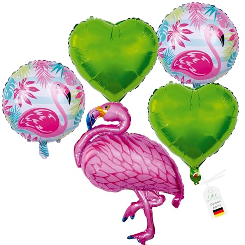 LITTLE BIRTHDAY | Set mit 5 Folienballons | 2x grüne Herze Ballons | 2x runde Flamingo Luftballons | 1x rosa Flamingo Ballon | Helium Gas Balloon | Geburtstag | Kindergeburtstag von little Birthday
