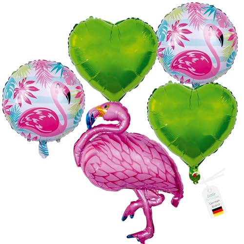 LITTLE BIRTHDAY | Set mit 5 Folienballons | 2x grüne Herze Ballons | 2x runde Flamingo Luftballons | 1x rosa Flamingo Ballon | Helium Gas Balloon | Geburtstag | Kindergeburtstag von little Birthday
