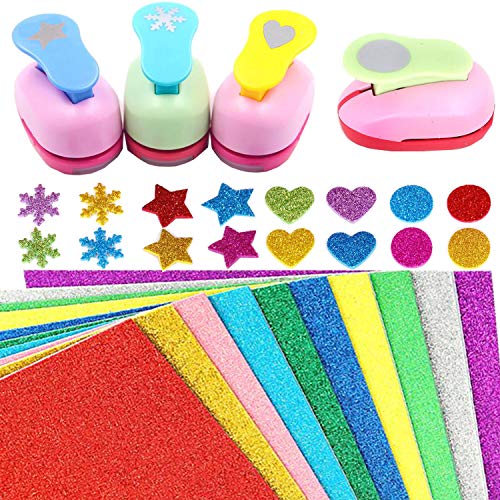 Papierstanzer Liuer 4PCS Motivstanzer Motivlocher Stanzer Set mit 10 Schaum Glitzerfolie Selbstklebend Papier Papierstanzer für Bastelarbeiten,Grußkarten,Fotoalben,Tischkarten,Scrapbooking von liuer