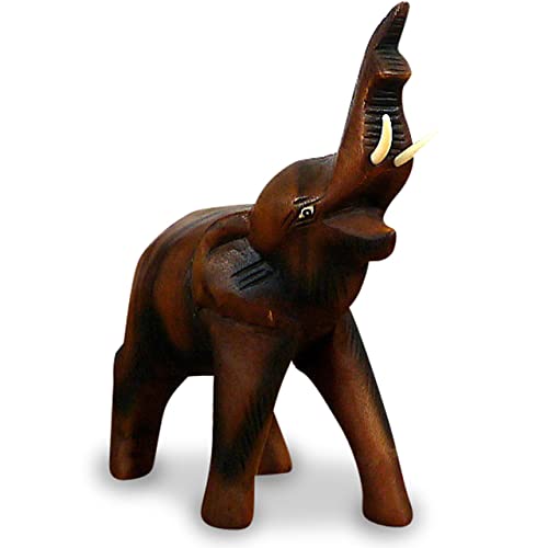 livasia Holzelefant (Rüssel Oben) Tierskulptur aus Massivholz, Holzfigur (Kleiner Elefant) von livasia