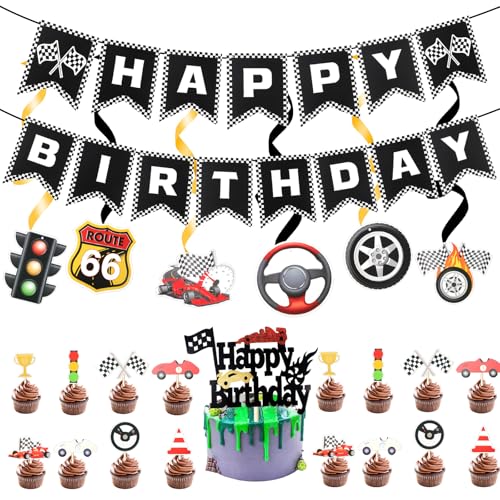 24 Stück Auto Geburtstagsdeko,Cars Tortendeko,Rennwagen Happy Birthday Banner Deko,Cars Geburtstagsdeko für Jungen Mädchen Racing Thema Kindergeburtstag Party Supplies von loghohu