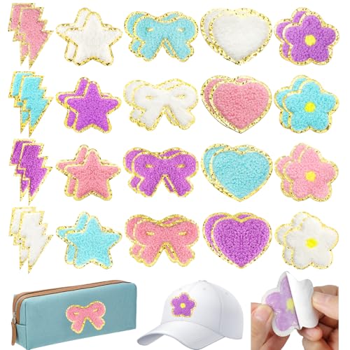 40 Stück Chenille Patches Selbstklebend,Bestickte Patches Schleife Herzförmige Stern Blumen Blitz Stoffaufkleber Ohne Nähen,für Mädchen Junge Rucksäcke Kleidung Jacken Hüte und DIY Dekorationen von loghohu