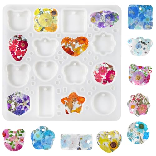 Epoxidharz Formen, Silikonform, Silikonharzform Schlüsselanhänger,16 Mulden, Silikonform Anhänger, Silikonformen Gießformen Schmuck mit Loch für DIY Kunstharz Basteln von loghohu