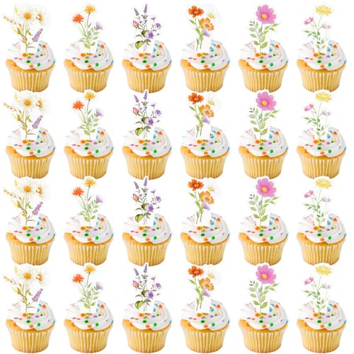 Loghohu 48 Stück Wildblumen-Geburtstagsparty-Dekorationen, Cupcake-Topper, Blumenmuster, Baby in Blüte, Kuchendekoration für Abschlussfeier, Hochzeit, Babyparty, Party-Dekoration von loghohu