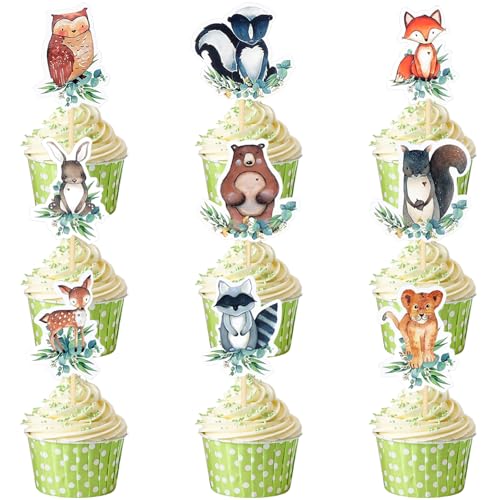 Loghohu Cupcake-Topper mit Waldmotiven für Babypartys, 54 Stück, Motiv: Waldtiere, für Geburtstag, Babyparty, Party-Dekoration von loghohu