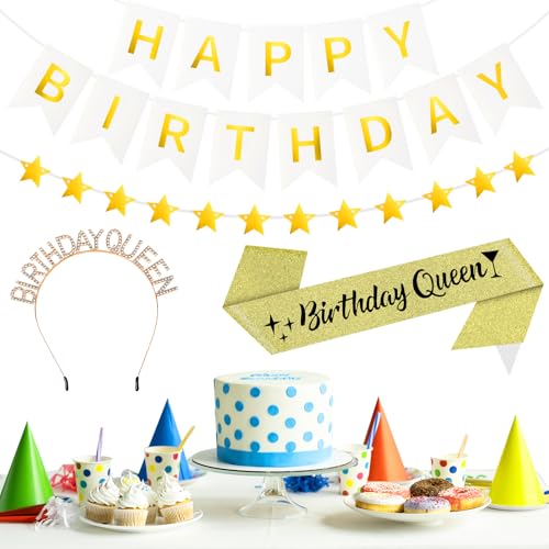 Loghohu Geburtstagsdekorationen, Happy Birthday Dekorationen mit Happy Birthdays Banner Schärpe Krone Gold Geburtstage Dekoration für Frauen Mädchen Boho Party Supplies (Gold) von loghohu